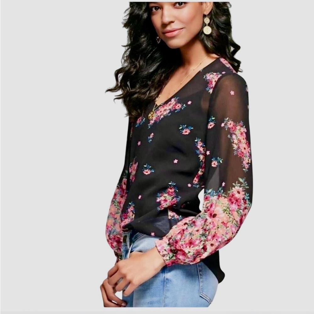 Cabi Black Floral Sheer Top Medium NWOT